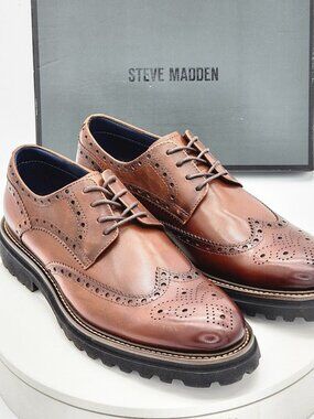 Steve Madden Kassel Wingtip Brogue Oxford Shoes Mens Size 8 Tan Leather Lug Sole